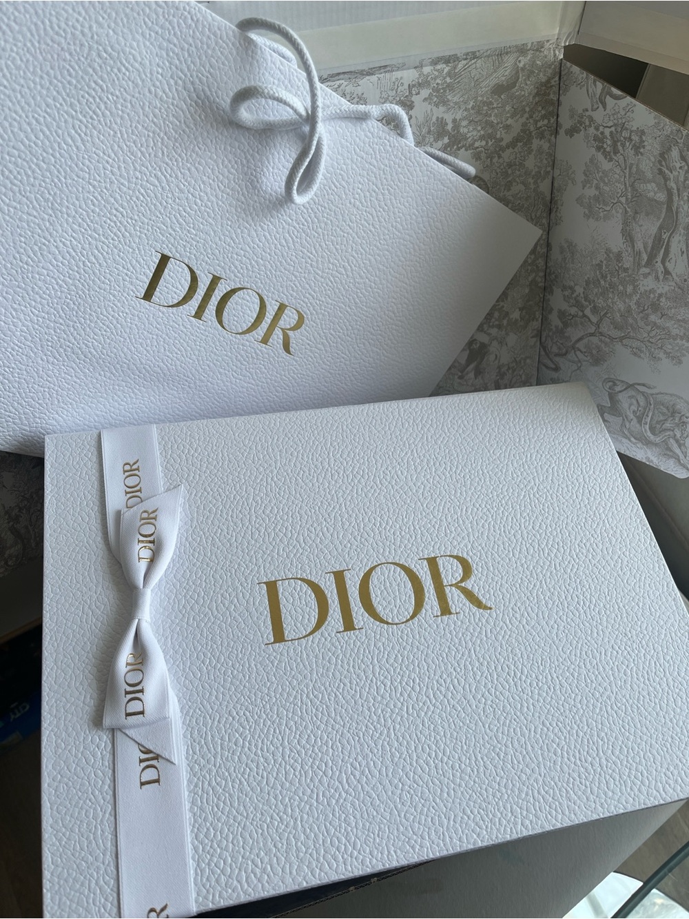 Dior White Box with Gold Logo and Ribbon and large shopping bag